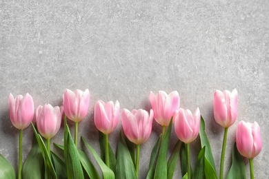 Beautiful tulips for Mother's Day on grey background, top view