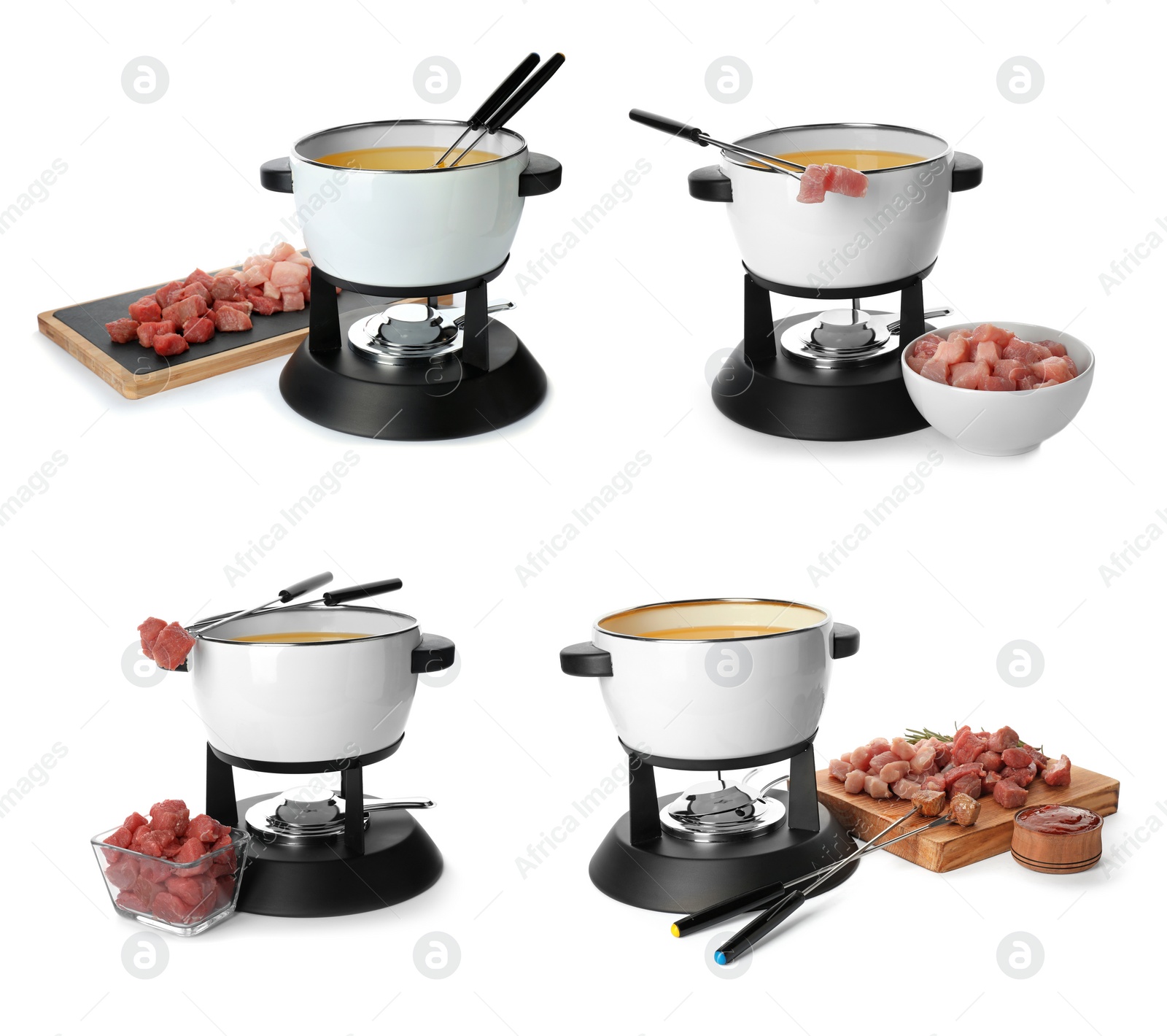 Image of Set with fondue pots and meat on white background