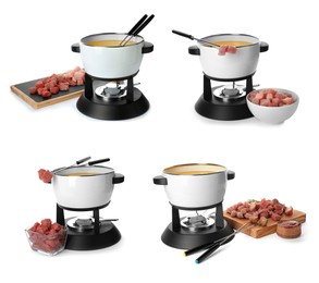 Set with fondue pots and meat on white background