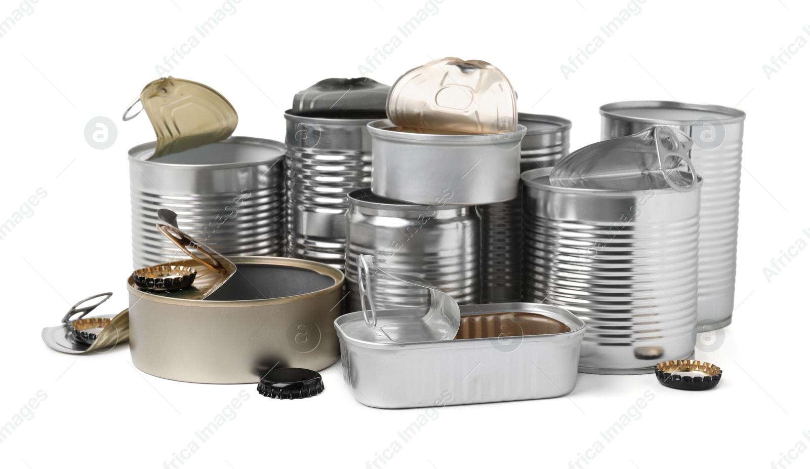 Photo of Many open tin cans isolated on white