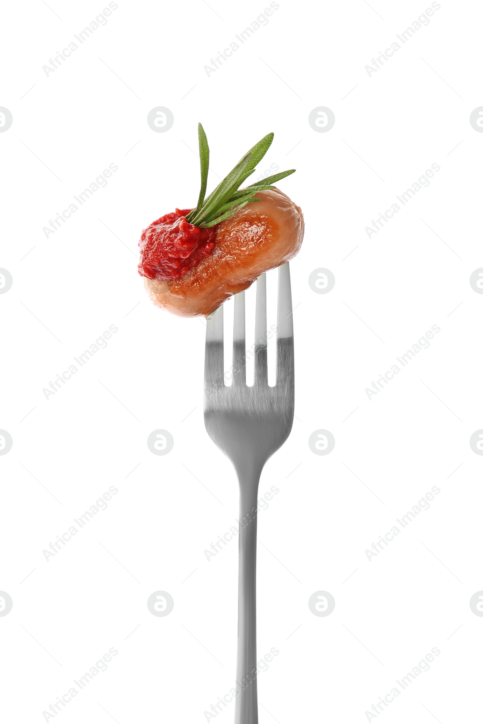 Photo of Fork with tasty fried sausage, tomato sauce and rosemary isolated on white
