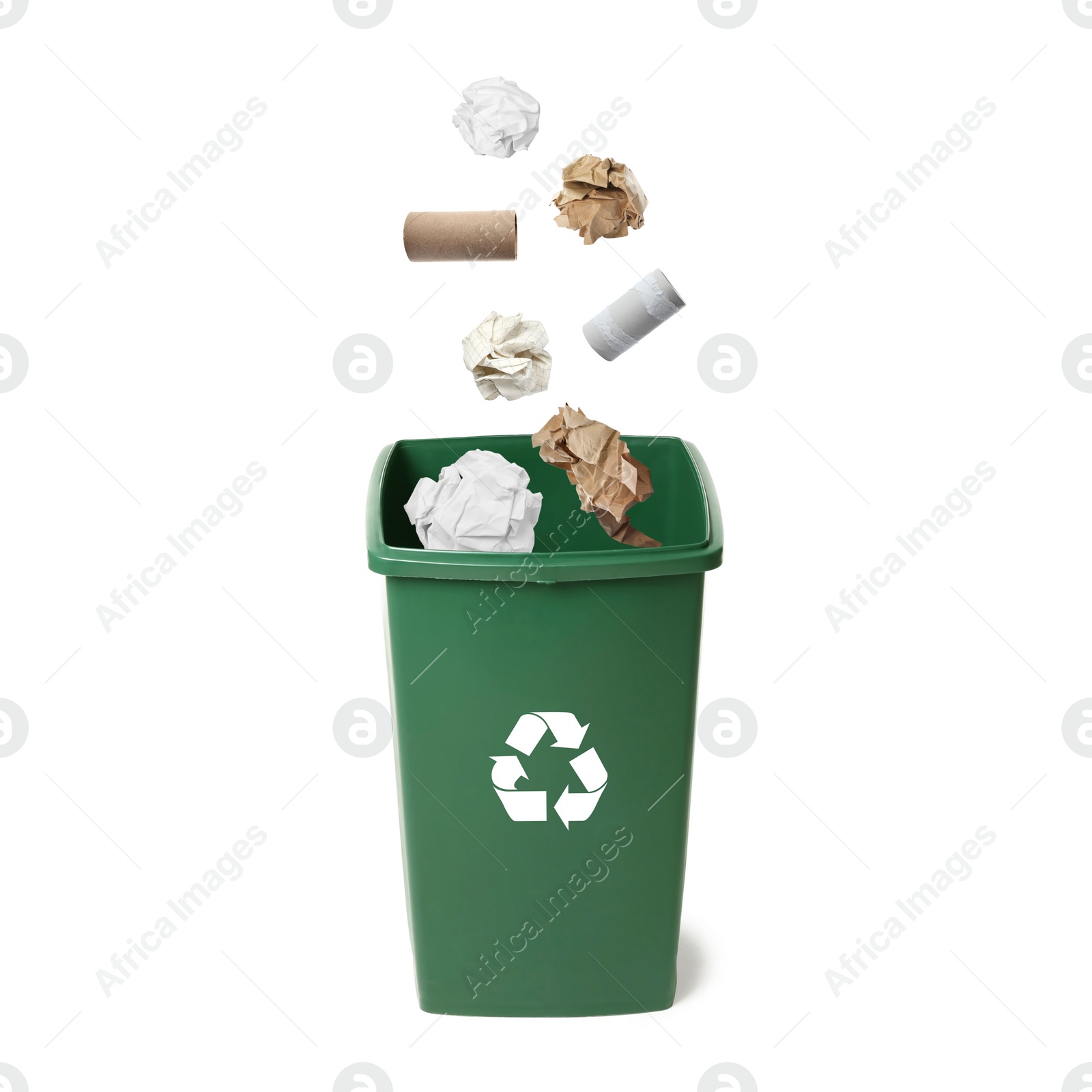 Image of Garbage falling into trash bin on white background