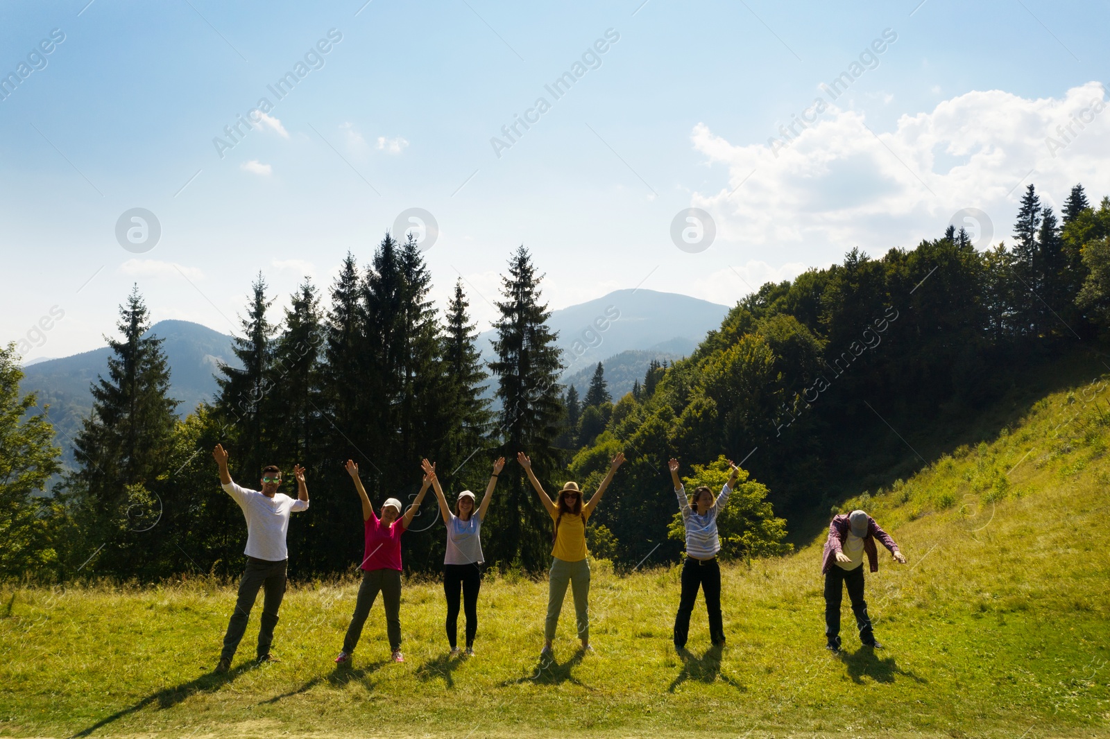 Image of Group of happy tourists on hill in mountains