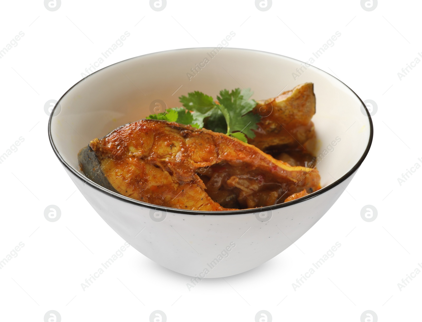 Photo of Tasty fish curry on white background. Indian cuisine