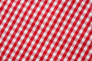 Red checkered tablecloth as background, top view