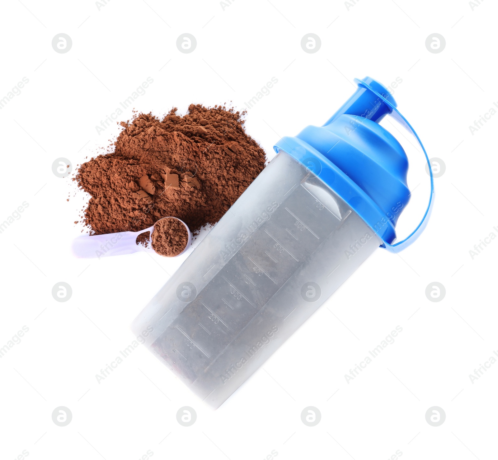 Photo of Scoop of protein powder and sports bottle isolated on white, top view