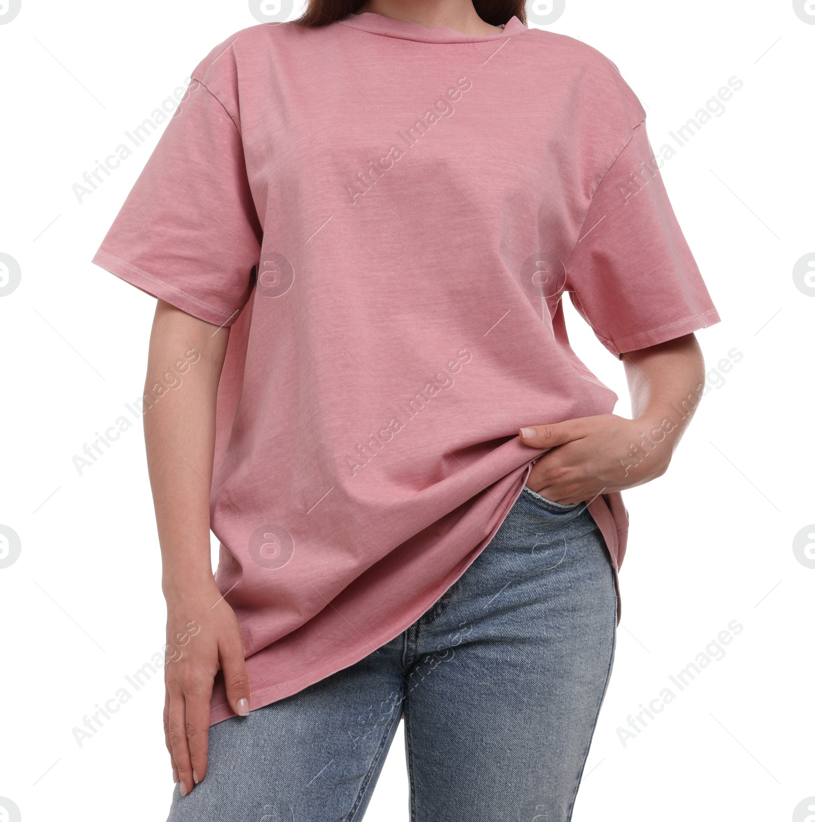 Photo of Woman in stylish pink t-shirt on white background, closeup