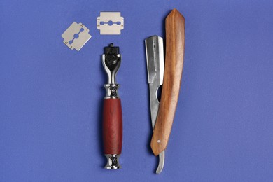 Photo of Set of men's shaving tools on blue background, flat lay
