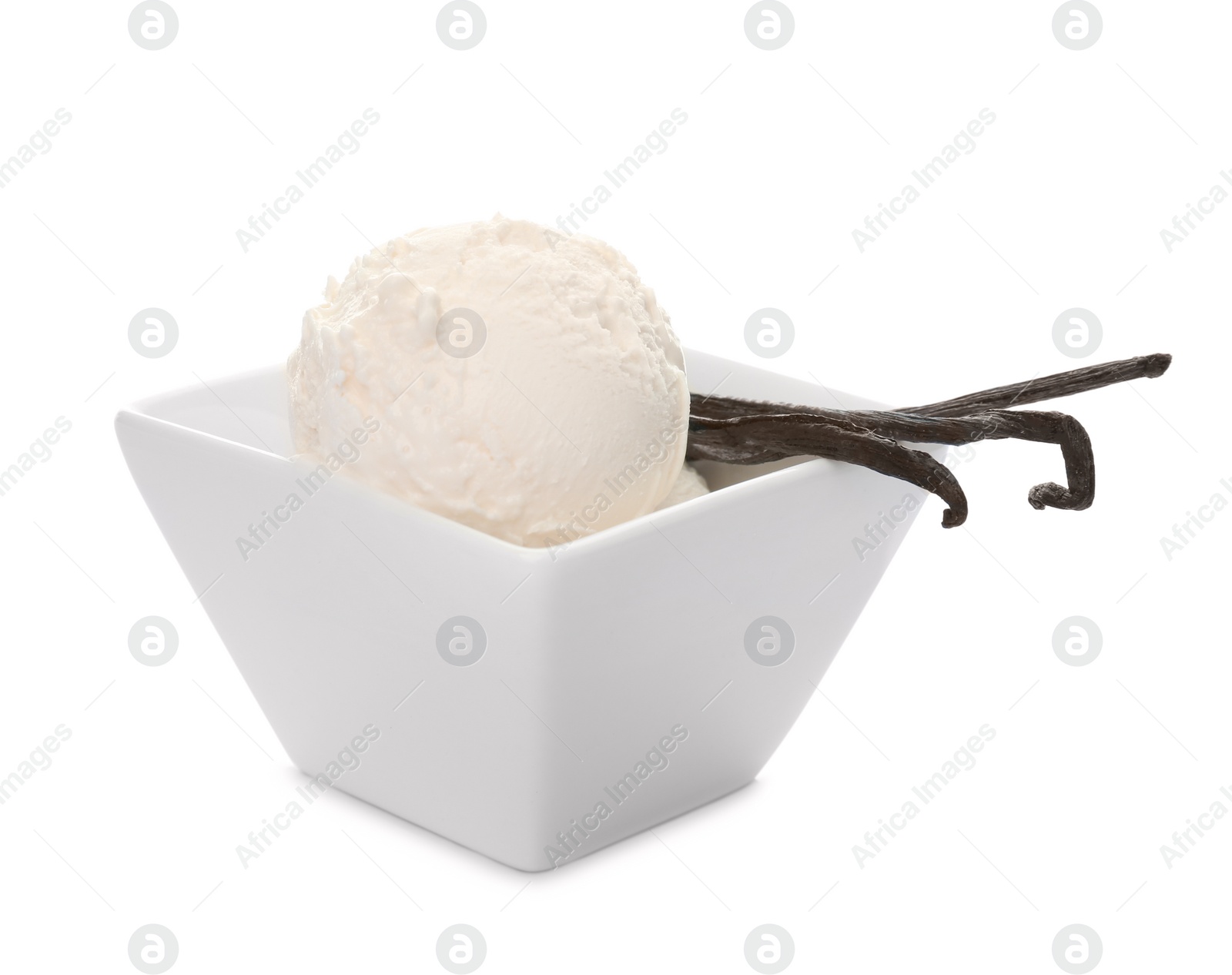 Photo of Bowl with delicious vanilla ice cream and pods on white background