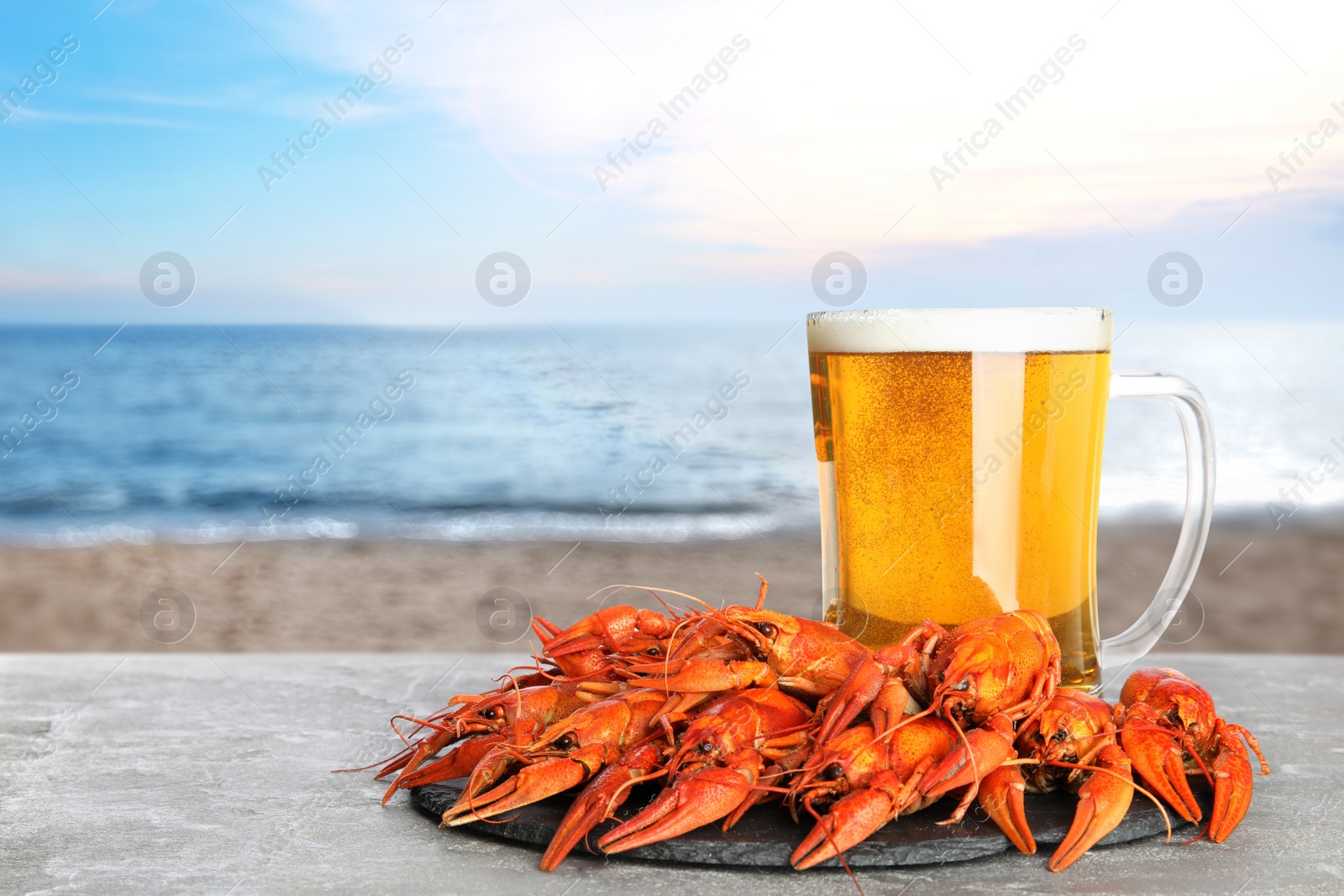 Image of Cooked crayfishes served with beer on grey table near sea