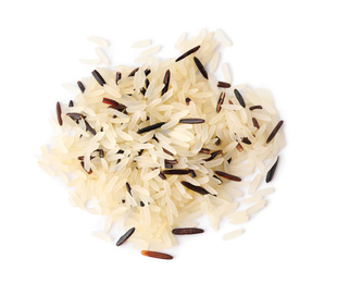 Mix of brown and polished rice isolated on white, top view