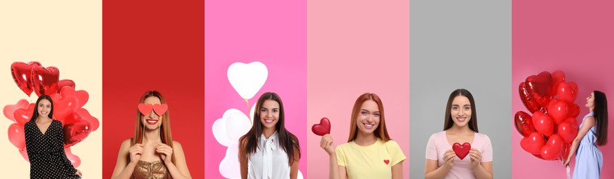 Image of Happy women with air balloons and decorative red hearts on color backgrounds, set of photos. Valentine's day celebration