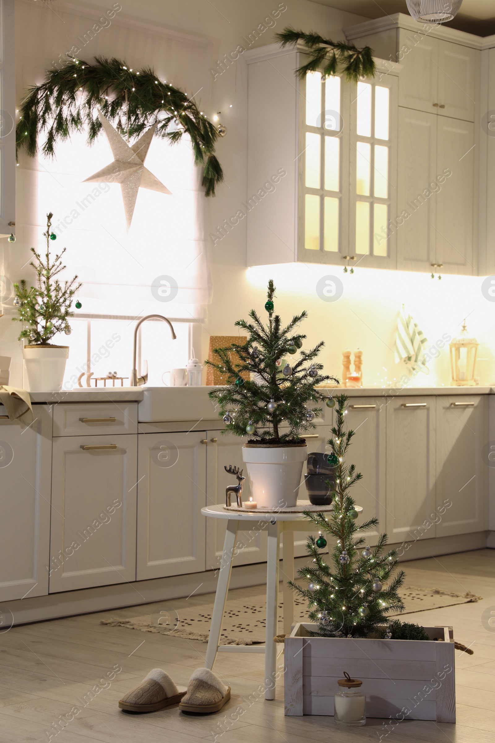 Photo of Small Christmas trees and festive decor in kitchen