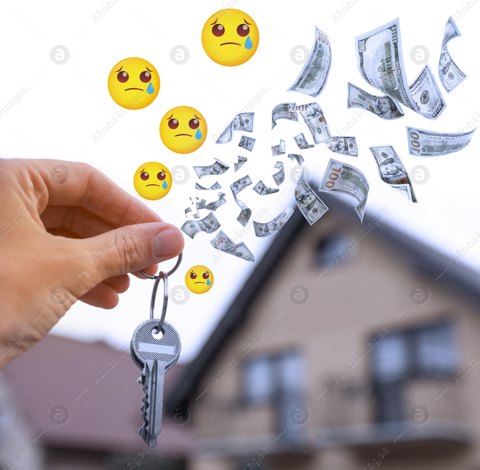 Image of Buyer's remorse. Woman with keys near house, closeup. Crying face emoji illustrations and flying dollar banknotes near hand