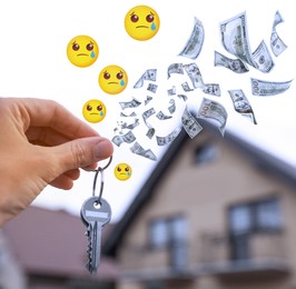 Image of Buyer's remorse. Woman with keys near house, closeup. Crying face emoji illustrations and flying dollar banknotes near hand