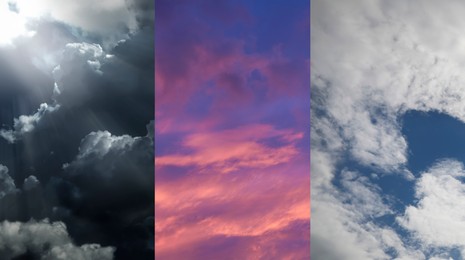 Image of Different weather conditions, banner design. Collage with photos of sky