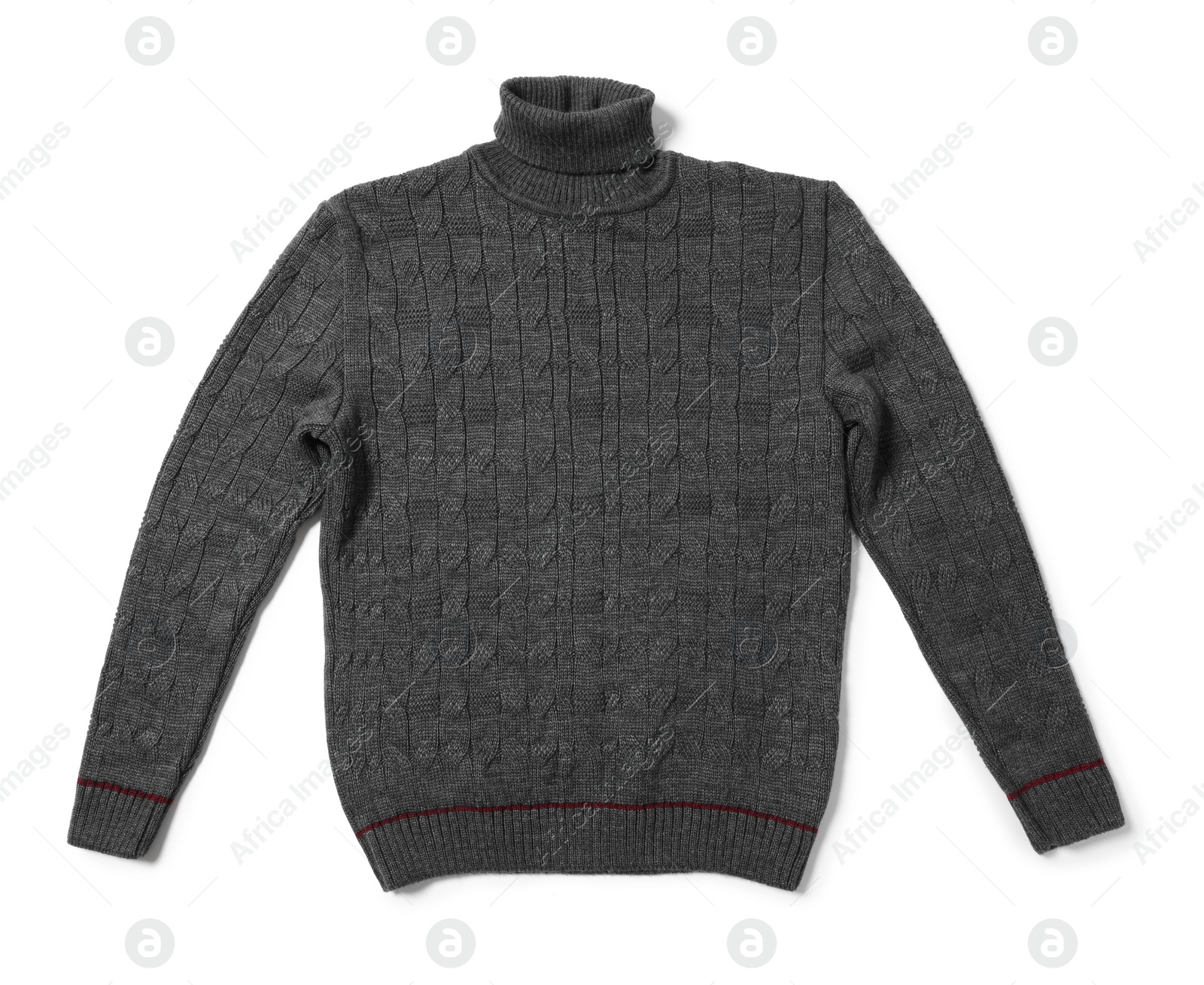 Photo of Stylish dark grey sweater isolated on white, top view