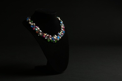 Photo of Elegant necklace on stand against black background, space for text. Luxury jewelry