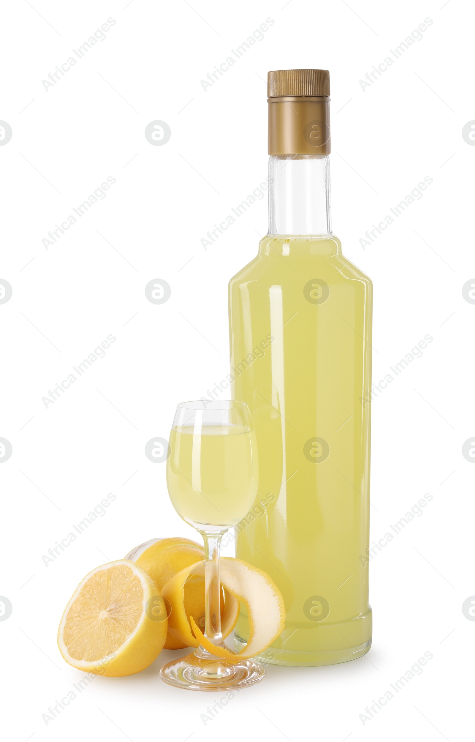 Photo of Tasty limoncello liqueur and lemons isolated on white