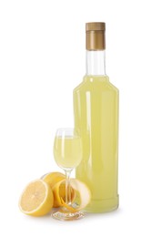Photo of Tasty limoncello liqueur and lemons isolated on white