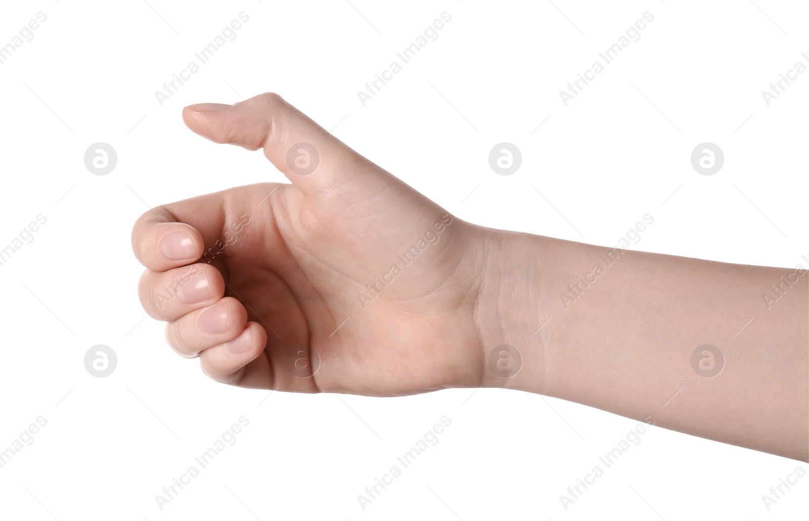 Photo of Woman holding something against white background, closeup