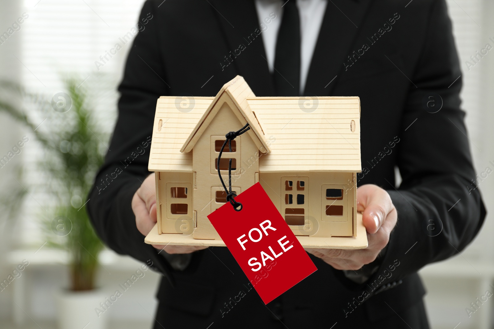 Image of Real estate agent holding wooden house model with SALE label indoors, closeup