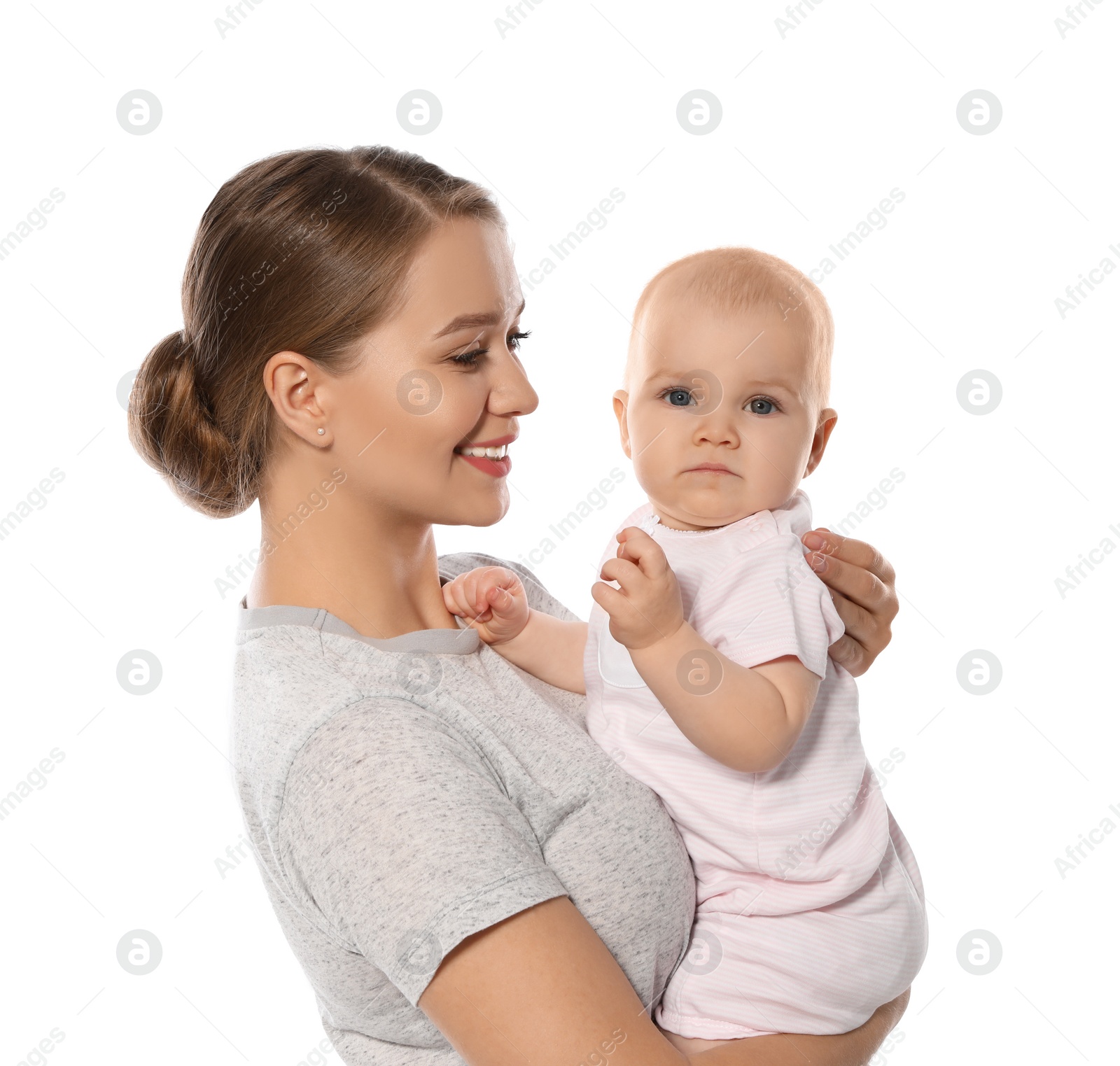 Photo of Portrait of happy mother with her baby isolated on white