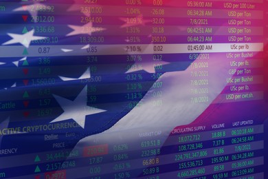 Image of Double exposure of price quotes and American flag. US economy