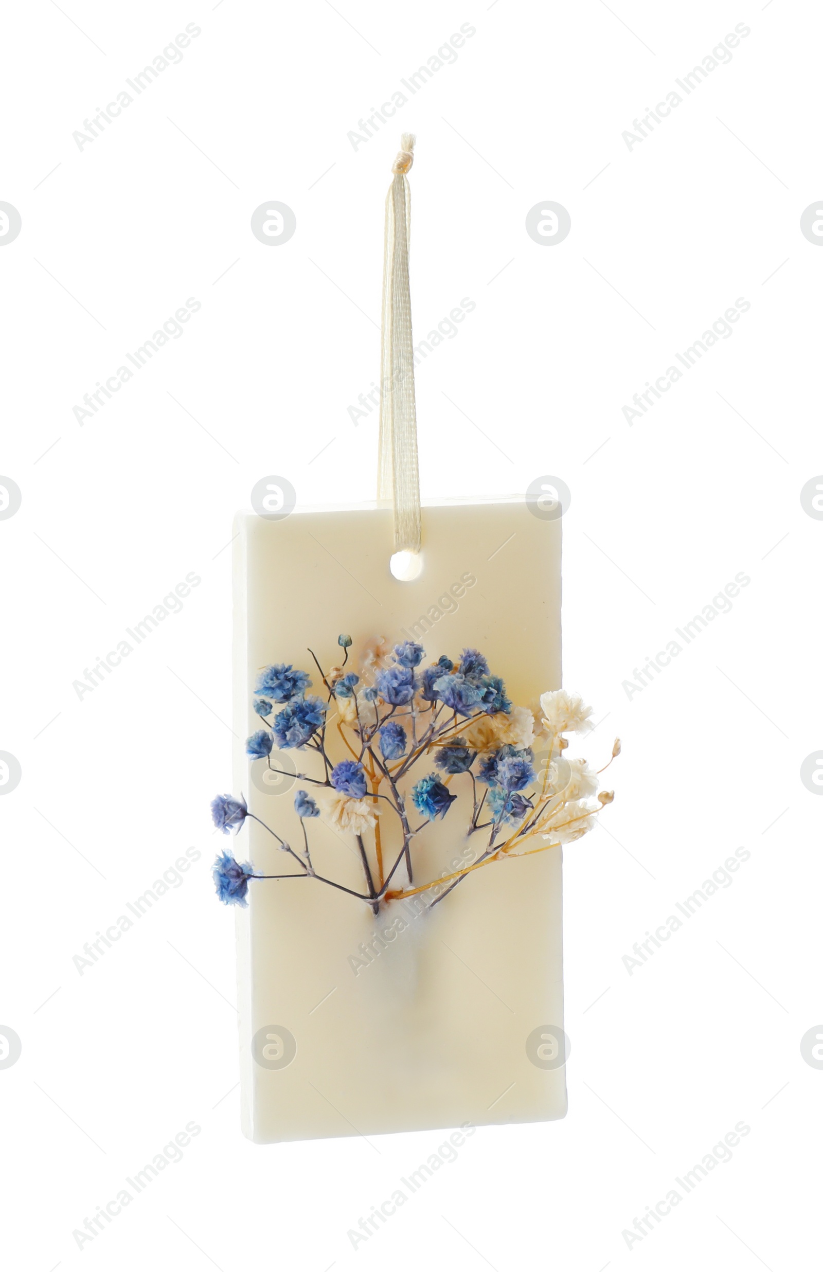 Photo of Beautiful scented sachet with flowers isolated on white