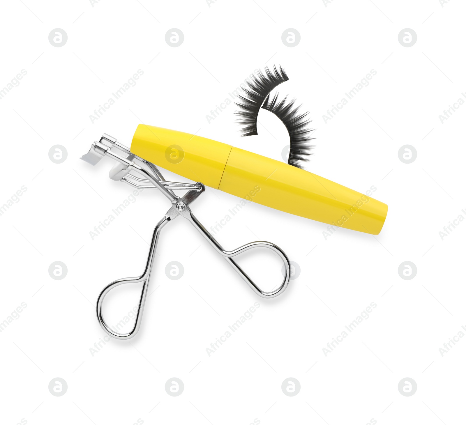 Photo of False eyelashes, curler and mascara on white background, top view