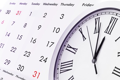 Image of Deadline concept. Clock and calendar, collage design