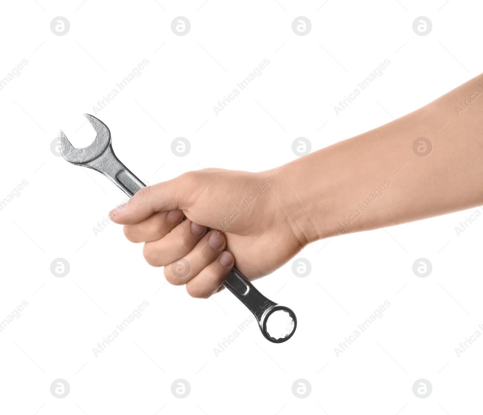 Photo of Auto mechanic holding wrench isolated on white, closeup