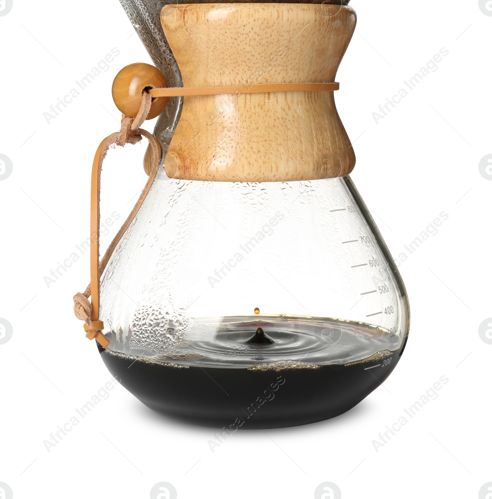 Photo of Glass chemex coffeemaker with coffee isolated on white