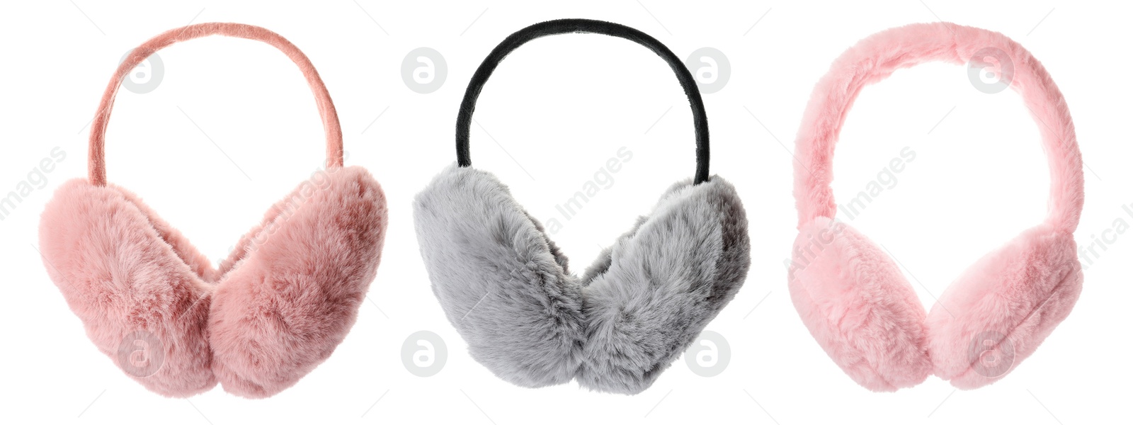 Image of Stylish warm earmuffs on white background, collage