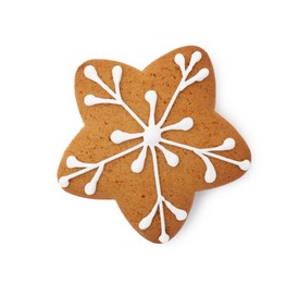 Photo of Tasty star shaped Christmas cookie with icing isolated on white, top view