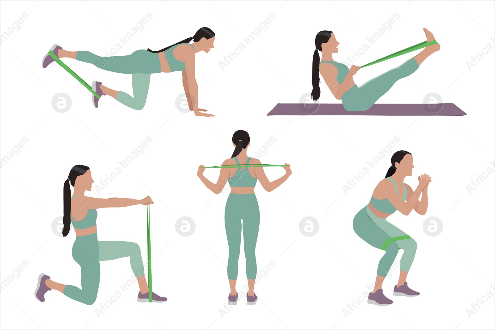 Illustration of Woman doing exercises with fitness elastic band on white background, collage