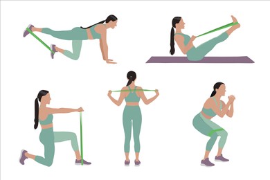 Illustration of Woman doing exercises with fitness elastic band on white background, collage