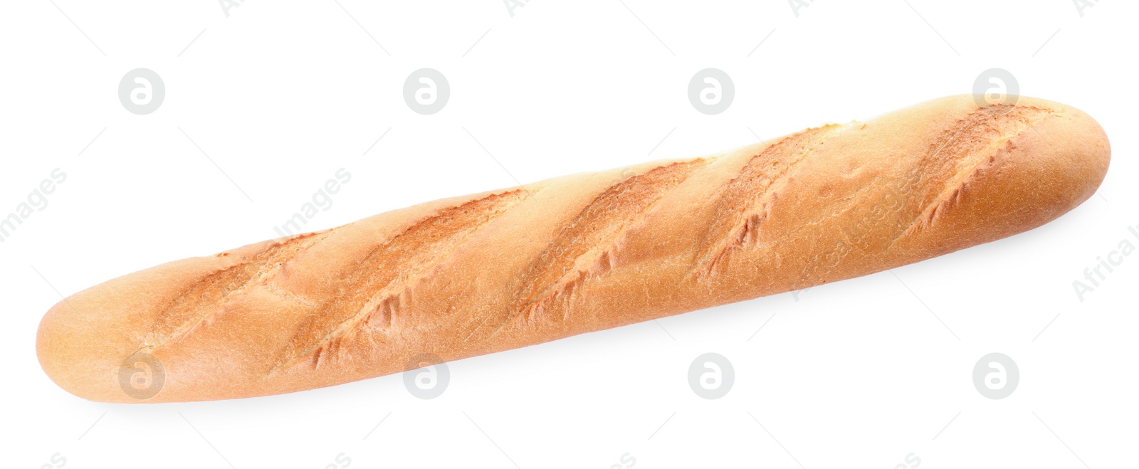 Photo of Tasty baguette isolated on white, top view. Fresh bread