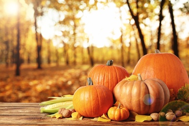 Image of Happy Thanksgiving day. Fresh pumpkins, corn, walnuts and fallen leaves on wooden table outdoors