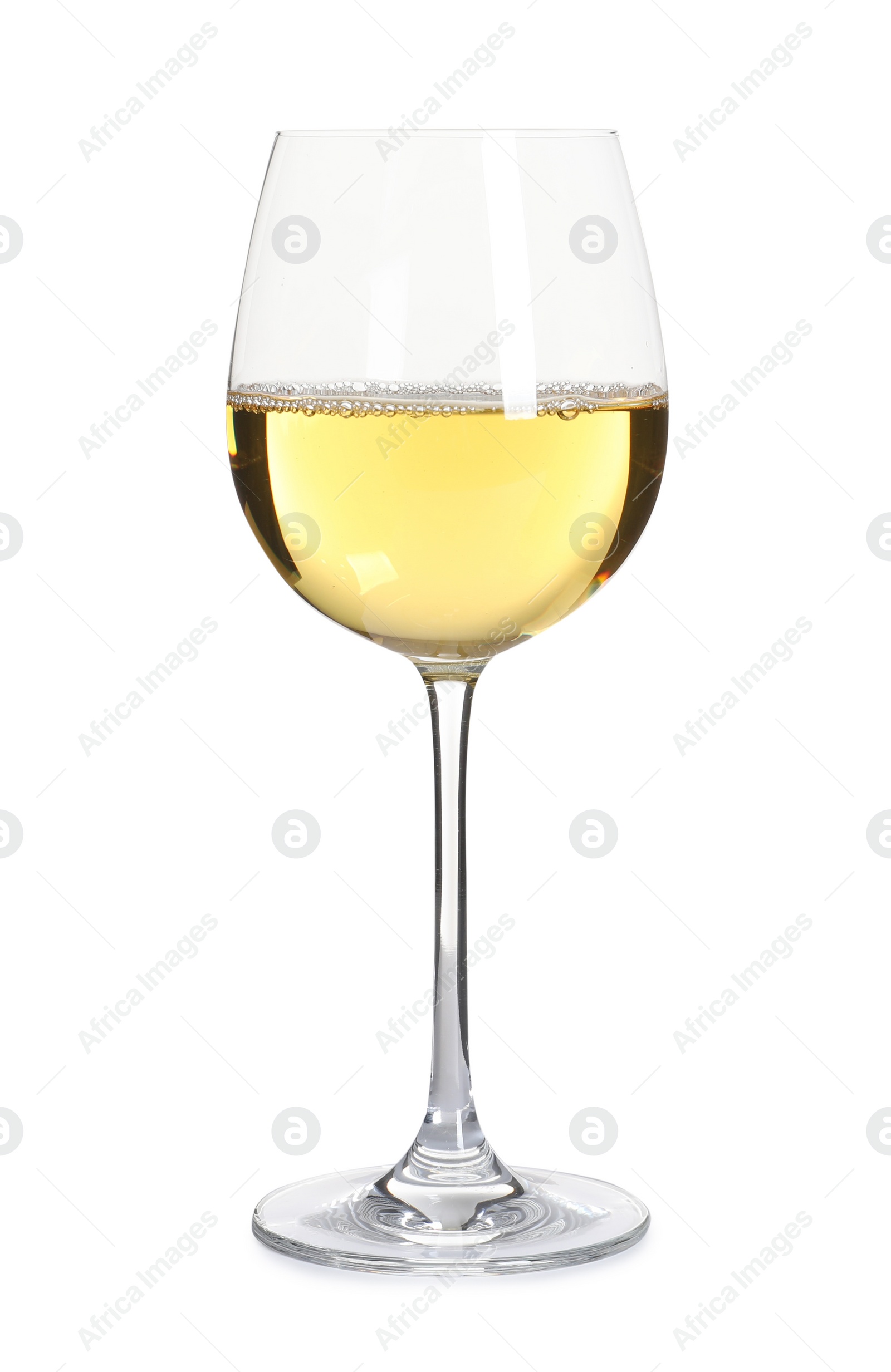 Photo of Glass of delicious expensive wine on white background