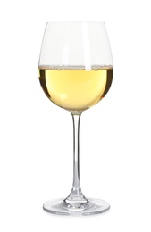 Glass of delicious expensive wine on white background