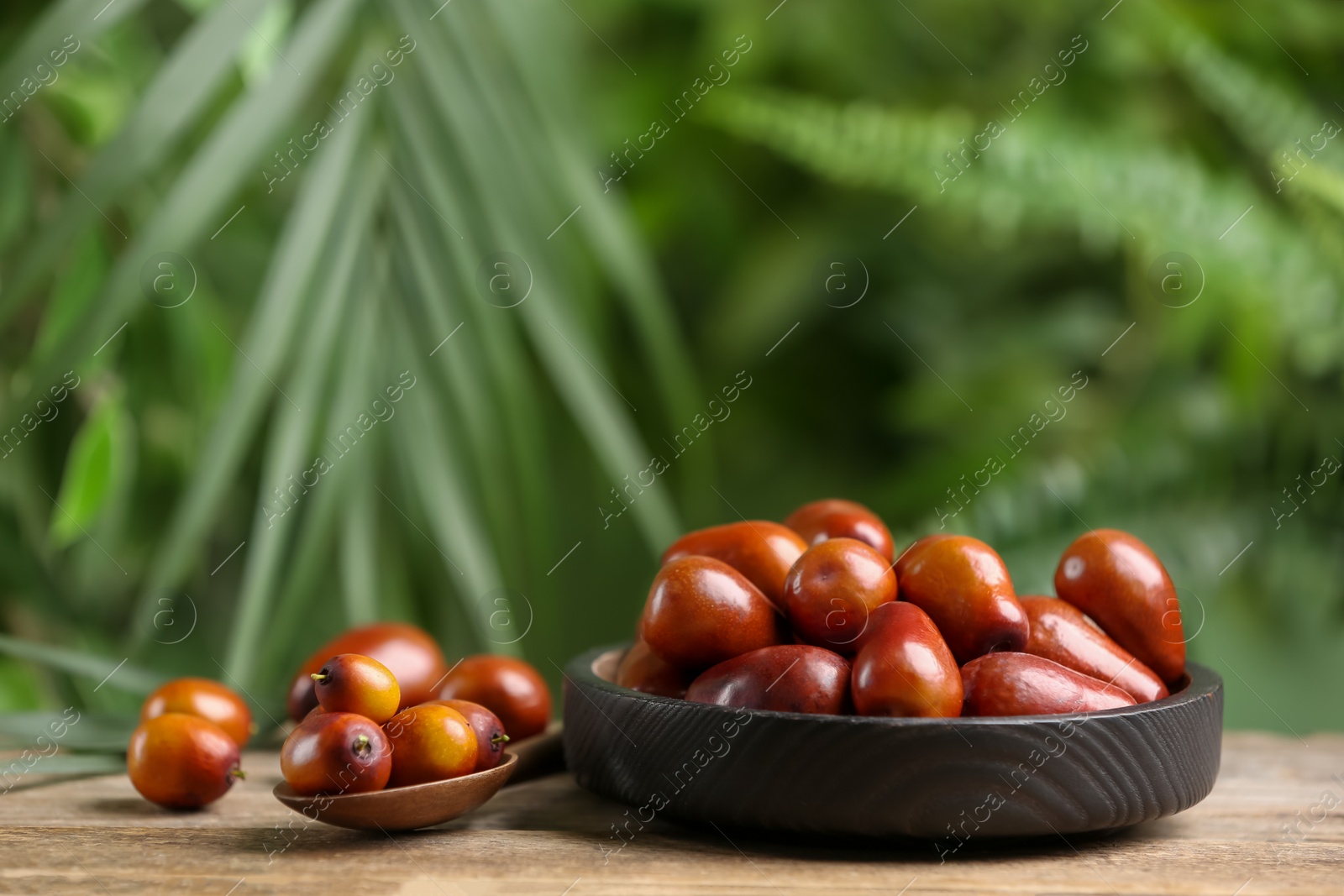 Photo of Fresh ripe oil palm fruits on wooden table. Space for text