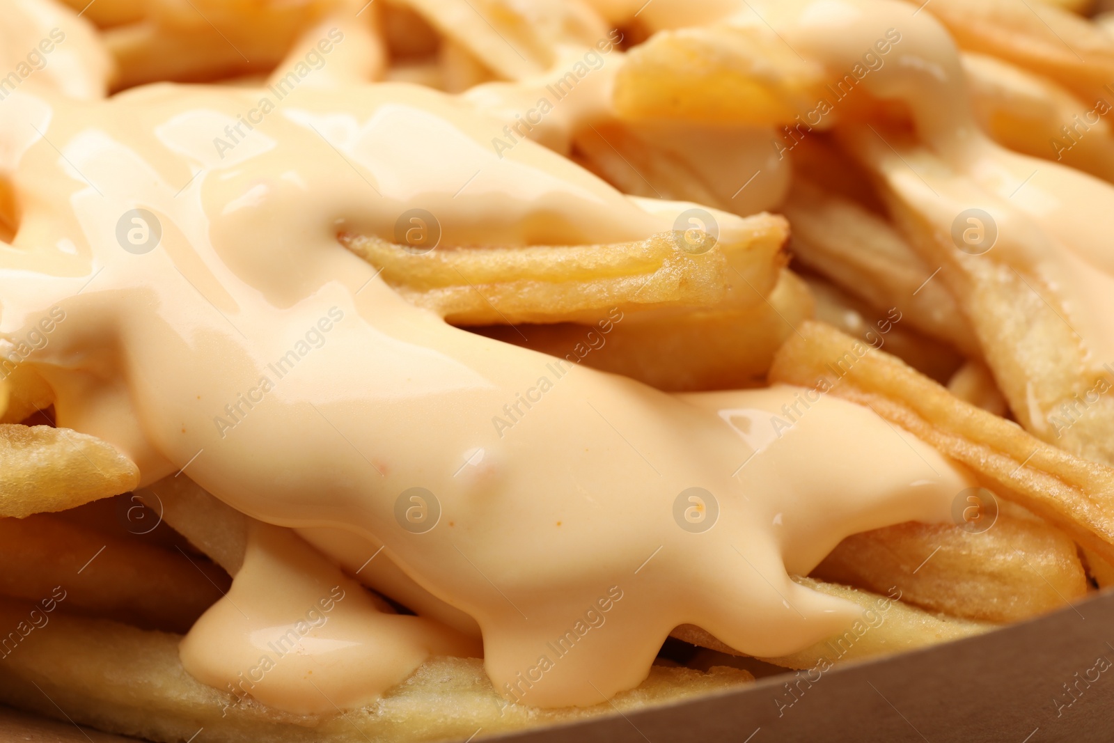 Photo of Tasty potato fries and cheese sauce in paper container, closeup