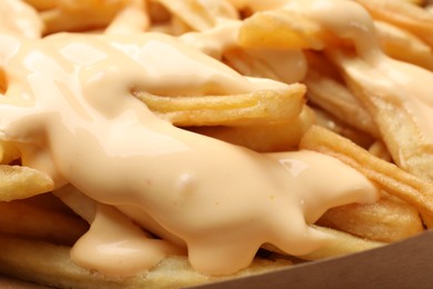 Photo of Tasty potato fries and cheese sauce in paper container, closeup