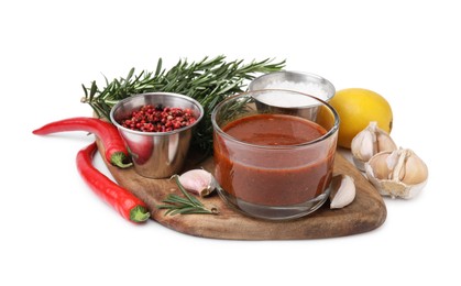 Photo of Different fresh ingredients for marinade on white background