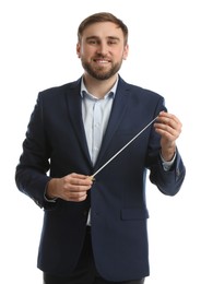 Music teacher with baton on white background