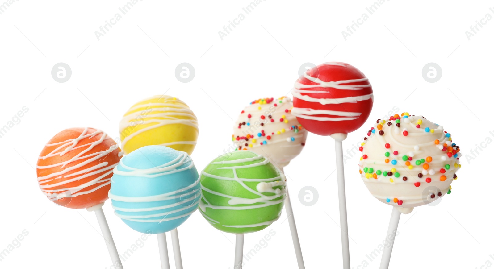 Photo of Set of delicious colorful cake pops on white background