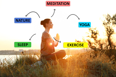 Image of Stress management techniques. Woman meditating outdoors during sunset