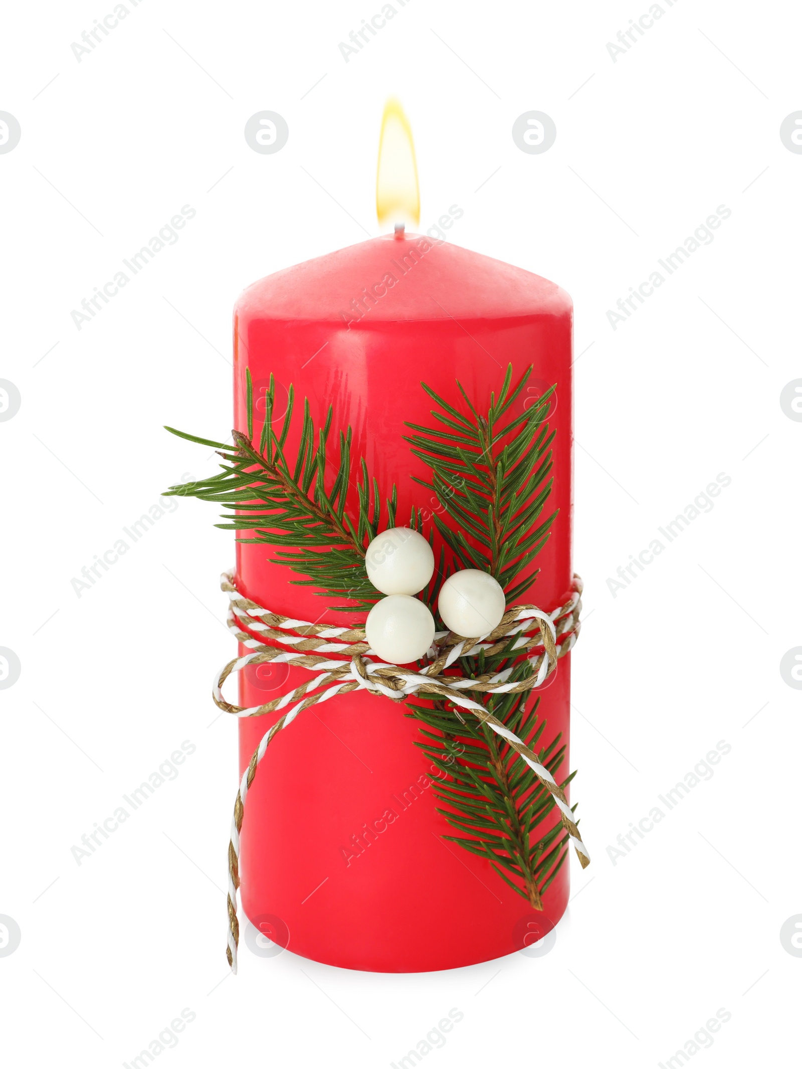 Photo of Burning red candle with Christmas decor isolated on white
