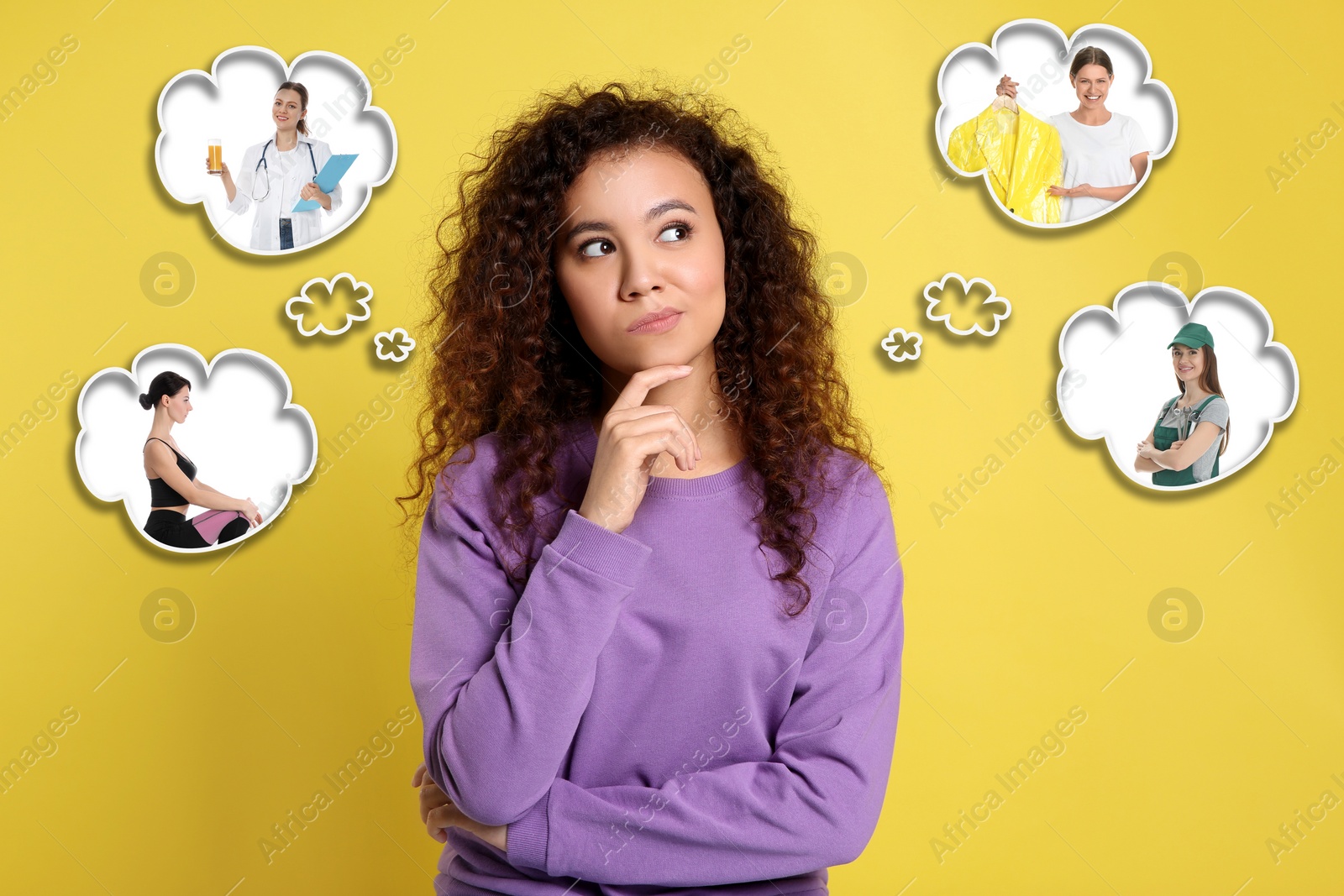 Image of Thoughtful African American woman choosing probable profession on yellow background